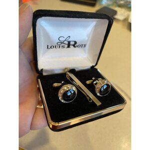 Men's Louis Roth Gold Cufflink Tie Tack Set Round Onyx Surrounded by Crystals